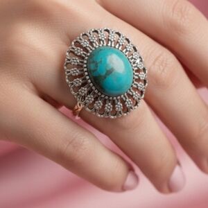 SHIVAM Ring 7 Sterling Silver Scroll Filigree Blue Turquoise Marcasite